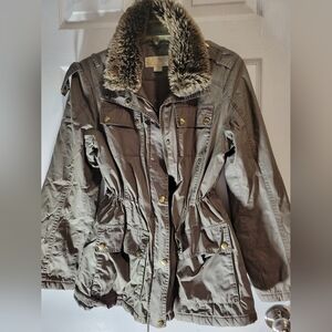 Michael Kors Utility Jacket with Removable Fur Collar - Olive Green